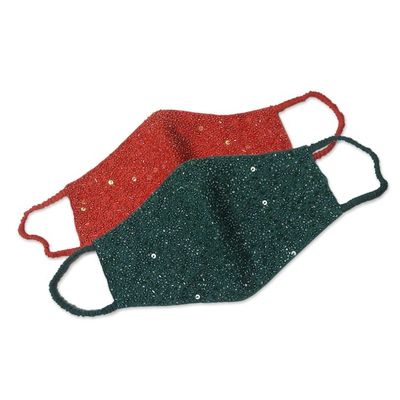 Alternate image for 2 Hand Beaded Cotton Contoured Masks in Green and Orange Feeling Glamorous
