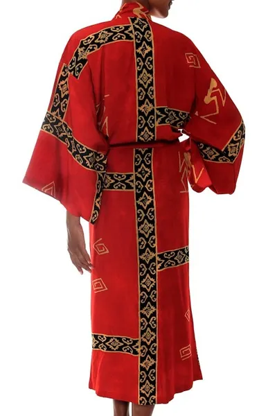 Alternate image for Womens Artisan Crafted Batik Patterned Cardinal Red Robe Cardinal Red