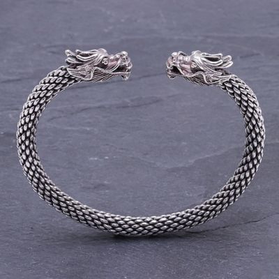 Alternate image for Dragon Themed Unisex Sterling Silver Cuff Bracelet Double Dragons