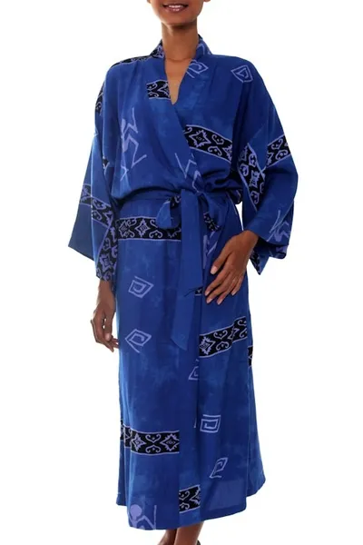 Alternate image for Hand Crafted Womens Batik Blue Patterned Robe Deep Blue Sea