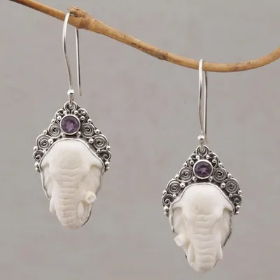 Primary image for Amethyst Elephant Dangle Earrings with Carved Bone Elephant Grandeur
