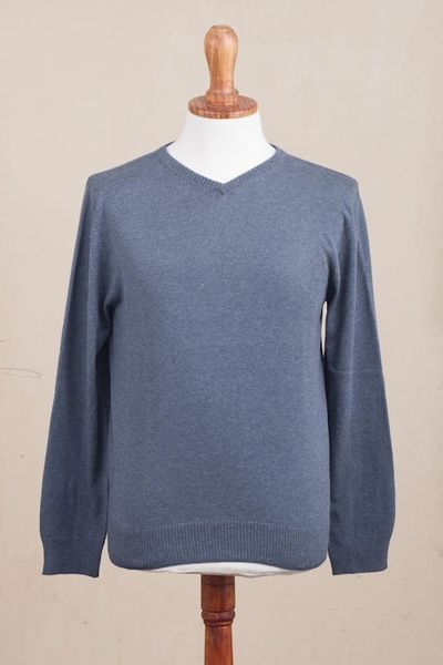Alternate image for Mens V-Neck Cotton Blend Pullover in Indigo from Peru Warm Adventure in Indigo