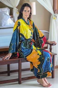 Image for Womens Batik Patterned Robe Paradise Peacock