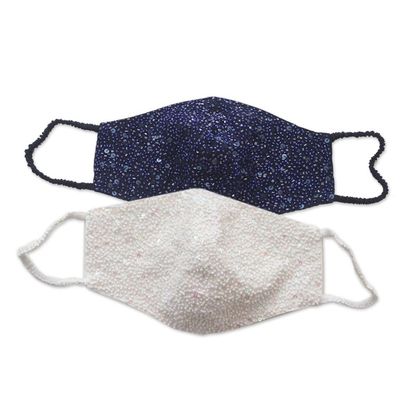 Alternate image for 2 Hand Beaded Cotton Contoured Face Masks in White and Blue Glamour and Sparkle
