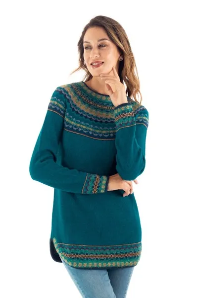 Alternate image for Teal Blue 100 Alpaca Pullover Patterned Peruvian Sweater Playful Teal