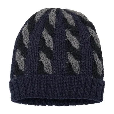 Alternate image for Cable Knit Alpaca Blend Hat in Navy and Grey Hues Braided Grey