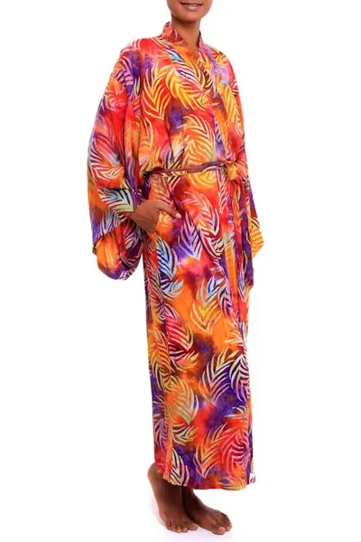 Alternate image for Red Orange Batik Print Long Sleeved Rayon Robe with Belt Sunset Grove