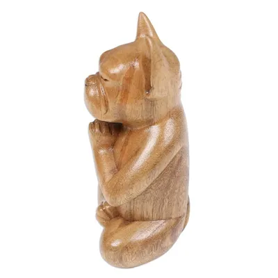 Alternate image for Hand-Carved Brown Suar Wood French Bulldog Sculpture Gratitude at Day