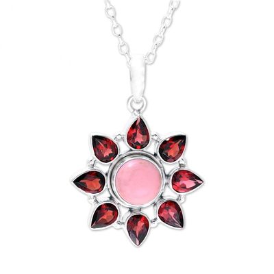 Alternate image for Pink Opal and Garnet Sterling Silver Flower Necklace Glowing Flower