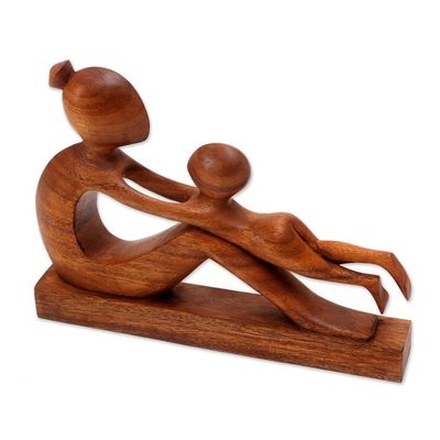 Alternate image for Hand-Carved Suar Wood Mother and Child Sculpture from Bali Playful Mother