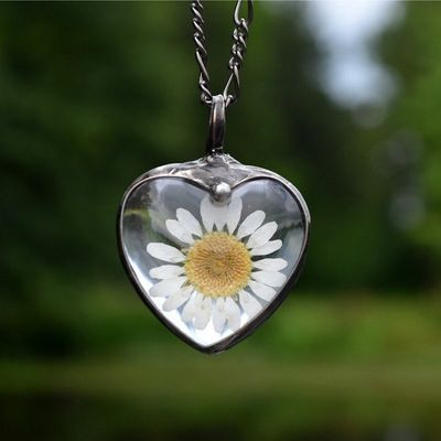Alternate image for Real Pressed Flower Daisy Pendant Necklace for Women, Stained Glass Jewelry