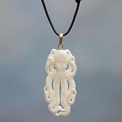 Alternate image for Handcarved Bone Octopus Pendant Necklace made in Indonesia Great Octopus