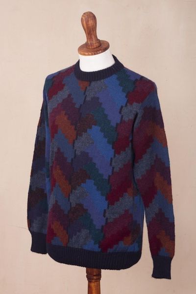 Alternate image for Multicolor Alpaca Mens Geometric Knit Pullover Sweater Stairway to the Heavens