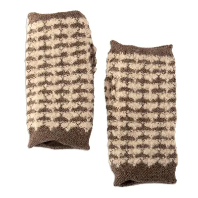 Alternate image for Square-Pattern Ivory and Taupe Alpaca Blend Fingerless Mitts Evening Squares