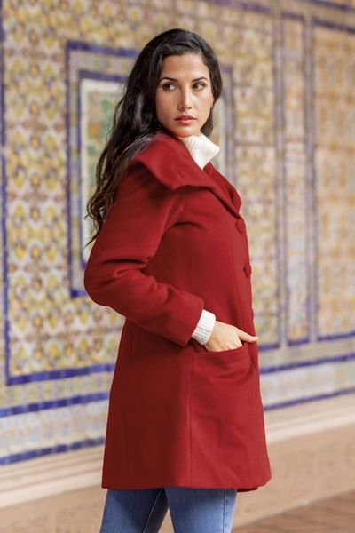 Alternate image for Red Baby Alpaca and Wool Coat with Flared Design from Peru Red Classic