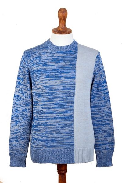 Alternate image for Knit Blue Beige Cotton Sweater for Men Made in Peru Sky Blue