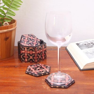 Alternate image for Truntum Motif Batik Wood Coasters from Java Set of 6 Hexagon Batik