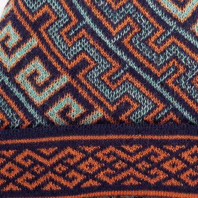 Alternate image for Unisex 100 Baby Alpaca Knit Hat in Aqua and Orange Andean Style