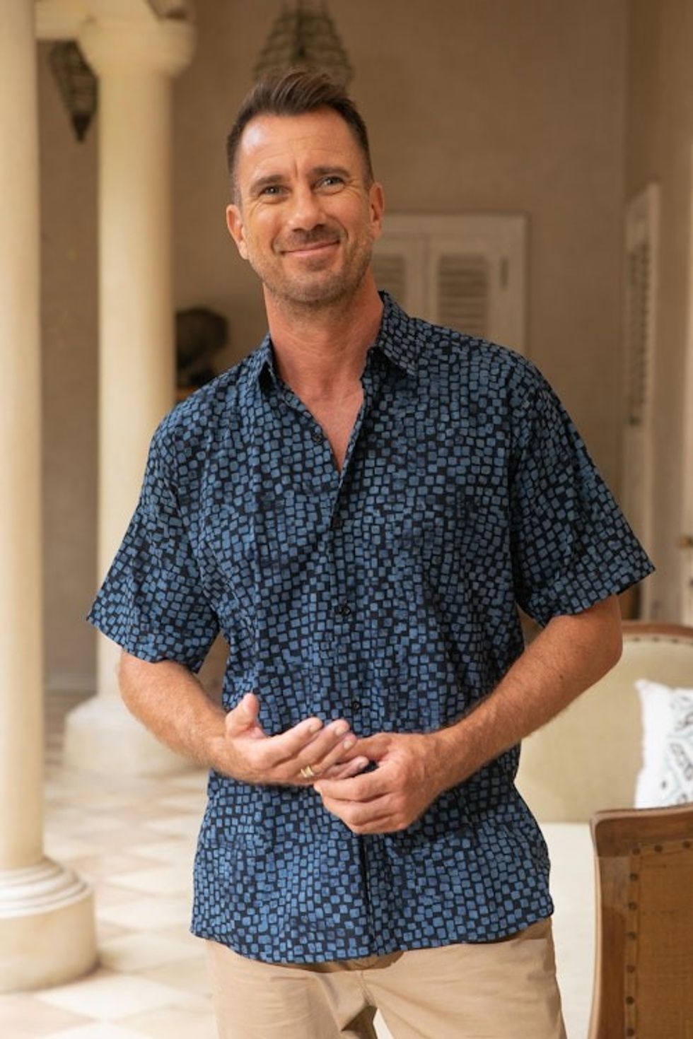 Men's 100 Cotton Navy Short Sleeve Batik Shirt 'Pixel Play'