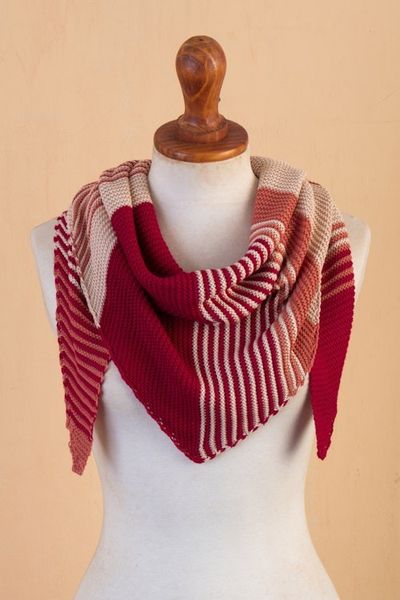 Alternate image for Red Salmon Cotton Blend Scarf Hand-Knit in Triangle Shape Spectacular Sunset