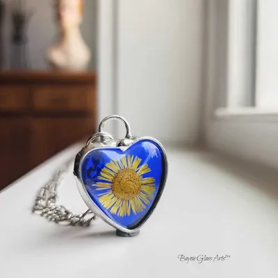 Alternate image for Blue Stained Glass Heart Necklace for Women, Real Pressed Flower Sunflower, Artisan Hand Crafted Jewelry