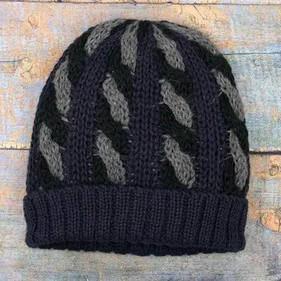 Primary image for Cable Knit Alpaca Blend Hat in Navy and Grey Hues Braided Grey