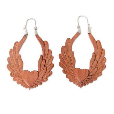Alternate image for Artisan Crafted Balinese Wood and Silver Hoop Earrings Angel Heart
