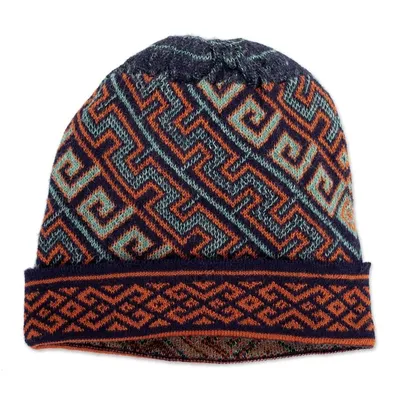 Alternate image for Unisex 100 Baby Alpaca Knit Hat in Aqua and Orange Andean Style