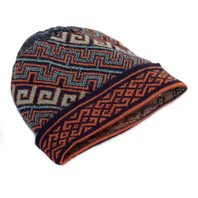 Alternate image for Unisex 100 Baby Alpaca Knit Hat in Aqua and Orange Andean Style
