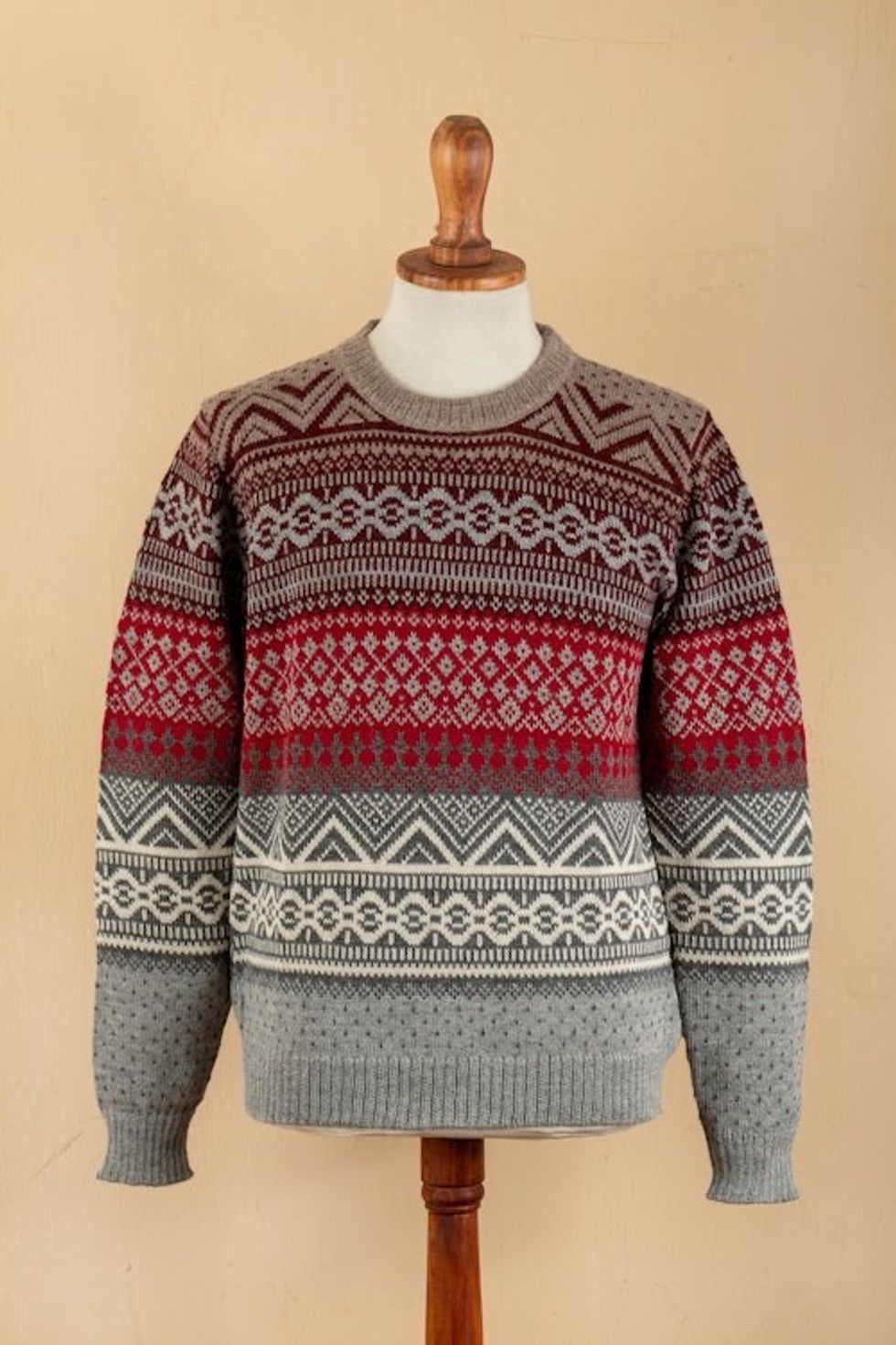 Men's Soft Grey and Red 100 Alpaca Pullover from Peru 'Grey Adventures'