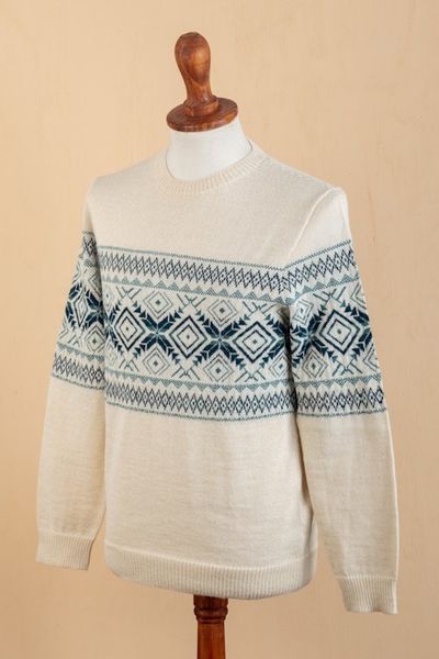 Alternate image for 100 Alpaca Mens Pullover Sweater with Geometric Design Clouds in the Andes