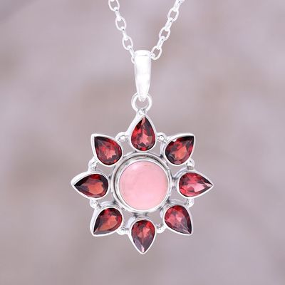 Alternate image for Pink Opal and Garnet Sterling Silver Flower Necklace Glowing Flower