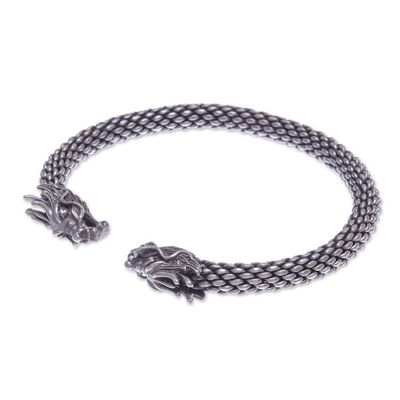 Alternate image for Dragon Themed Unisex Sterling Silver Cuff Bracelet Double Dragons