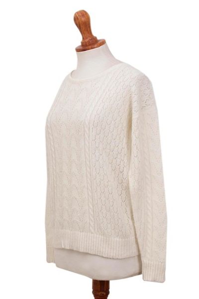 Alternate image for Cable Knit Baby Alpaca Blend Pullover in Ivory from Peru Warm Charm