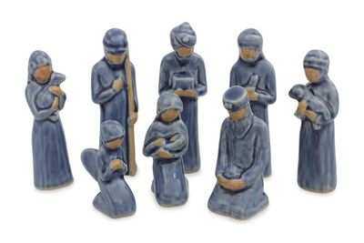 Alternate image for Unique 8-piece Celadon Ceramic Nativity Scene Thai Holy Birth in Blue