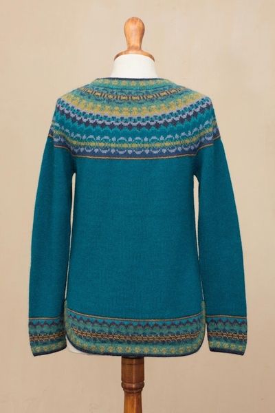 Alternate image for Teal Blue 100 Alpaca Pullover Patterned Peruvian Sweater Playful Teal
