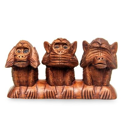 Alternate image for Wood Sculpture from Indonesia Three Wise Monkeys
