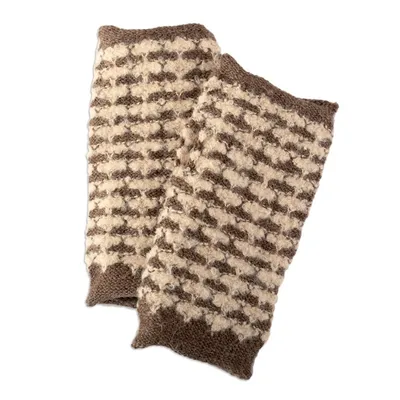 Alternate image for Square-Pattern Ivory and Taupe Alpaca Blend Fingerless Mitts Evening Squares