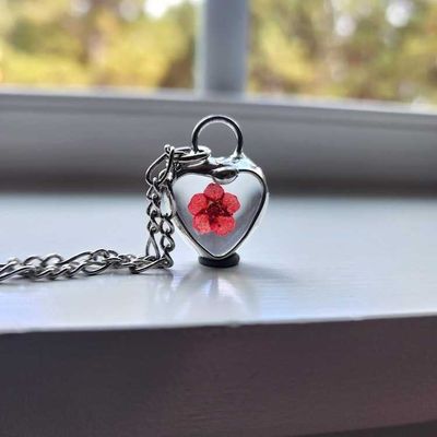 Alternate image for Red Flower Heart Pendant Charm, Handmade Necklace for Women and Girls, Real Pressed Flower Jewelry