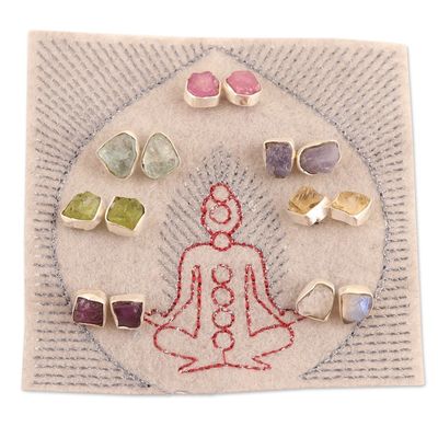 Alternate image for Set of 7 Gemstone Stud Earrings Crafted in India Yoga Delight