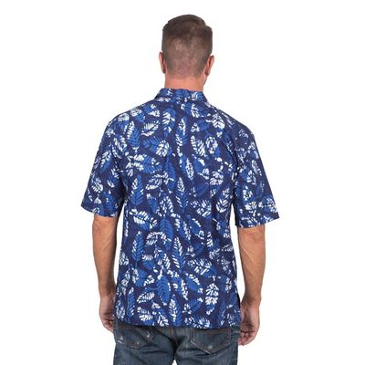 Alternate image for Mens Short-Sleeved Blue Cotton Batik Shirt from Bali Blue Leaf Shadows