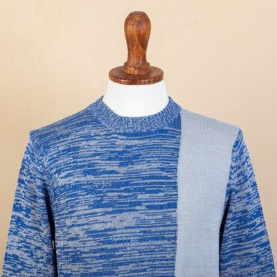 Alternate image for Knit Blue Beige Cotton Sweater for Men Made in Peru Sky Blue