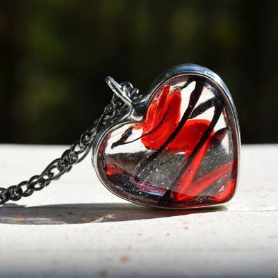 Alternate image for Swirled Fused Glass Heart Necklace, Red and Black Heart Pendant