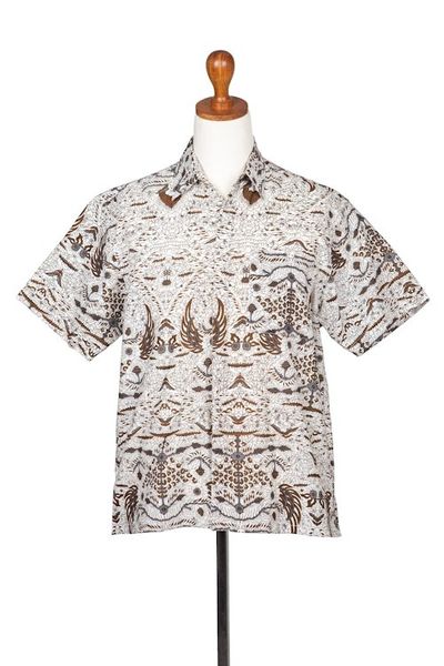 Alternate image for Mens Brown  White Short Sleeve Cotton Batik Button Shirt Continuous Love