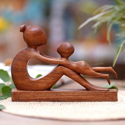 Primary image for Hand-Carved Suar Wood Mother and Child Sculpture from Bali Playful Mother