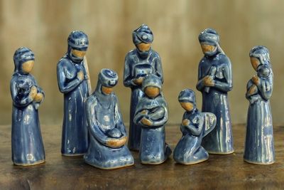Alternate image for Unique 8-piece Celadon Ceramic Nativity Scene Thai Holy Birth in Blue