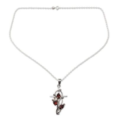 Alternate image for Garnet and Silver Cross Pendant Necklace from India Sacred Trinity