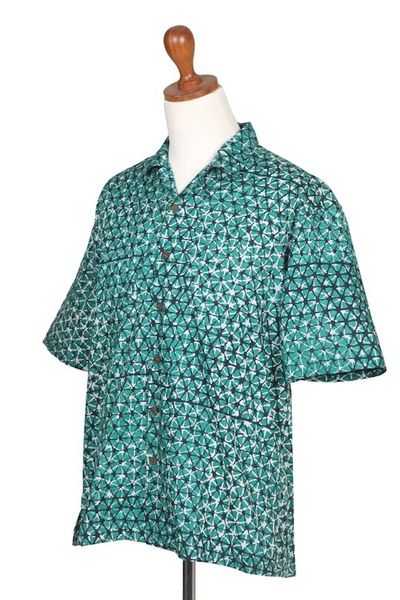 Alternate image for Geometric Batik Cotton Shirt in Green and Black Hues Viridian Gallant