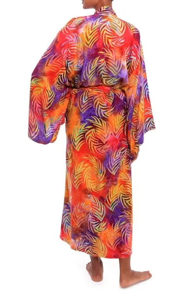 Alternate image for Red Orange Batik Print Long Sleeved Rayon Robe with Belt Sunset Grove