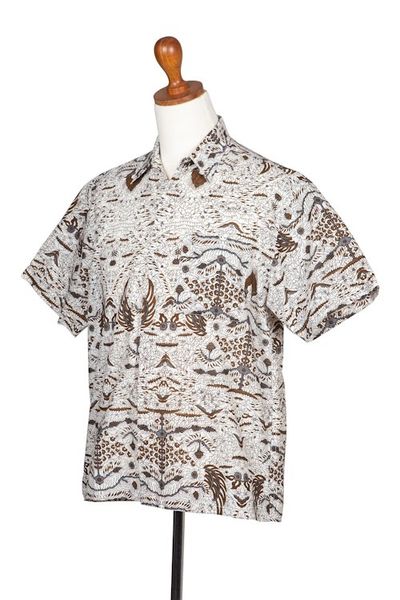 Alternate image for Mens Brown  White Short Sleeve Cotton Batik Button Shirt Continuous Love